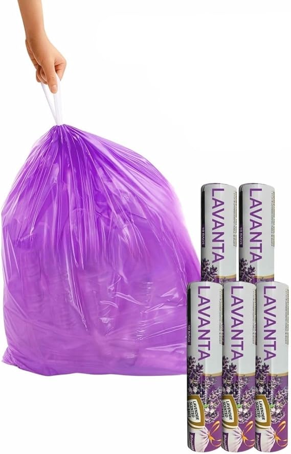 ARVALE Büyük Boy 65X70 Kokulu Büzgülü Çöp Poşeti 5 Paket (50 Adet) Çöp Torbası 60 Litre Çöp Torbası (Lavanta)