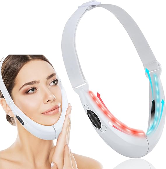 V Face Shaping Massager, EMS Jawline & Double Chin Reducer, Microcurrent Face Lift Device with Red & Blue LED Light Therapy, Skin Tightening Facial Massager, 6 Modes & 8 Levels, Handheld Home Use