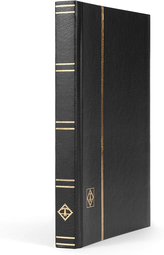 LIGHTHOUSE BASIC Hard Cover Stockbook for Stamps - 32 Black Cardstock 6x9 (A5) Pages with Clear Strips - Black