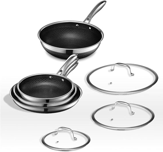 HexClad 7-Piece Hybrid Stainless Steel Cookware Set with Lid and Wok - Metal Utensils and Dishwasher Safe, Induction Safe, PFOA Free, Easy to Clean Nonstick Pan Covers 12", 10", 8" Silver