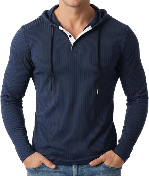 Men's Slim Fit Ribbed Knit Henley Hoodie Athletic Muscle Fit Pullover Sweatshirts WT03N