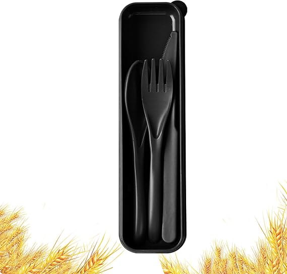 Travel Utensils with Case, Camping Utensil Sets, Wheat Straw Portable Knife Fork Spoons Tableware, Reusable Utensils for Lunch Box (Black)