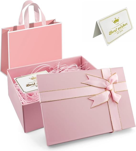 Pink Gift Box with Lid 21.5x16x8cm Premium Present Box | High Hardness,Foldable, Includes Bags, Raffia, Cards, For Birthdays, Anniversaries, Christmas