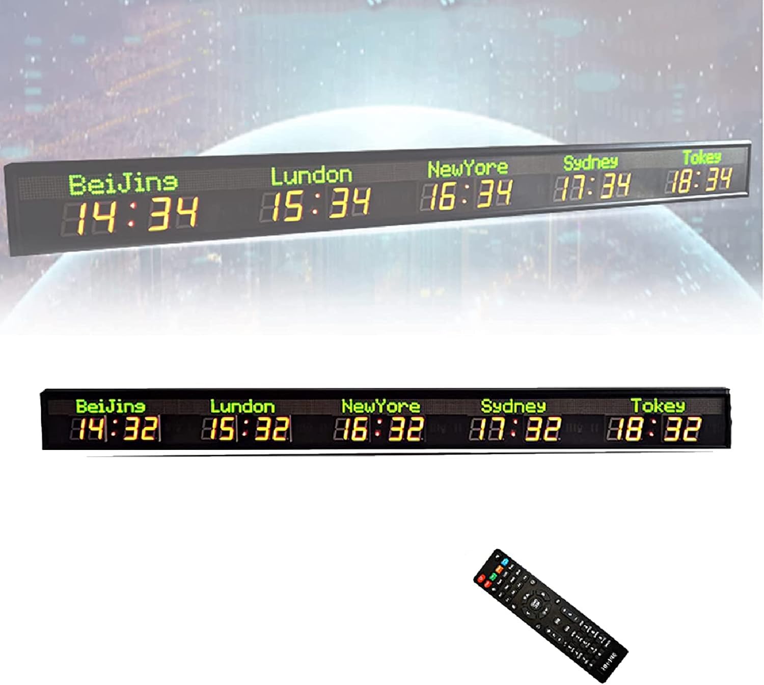 5 City World Clock - Red LED Digital Time Zone Wall Clock for Office, Home, Living Room, School