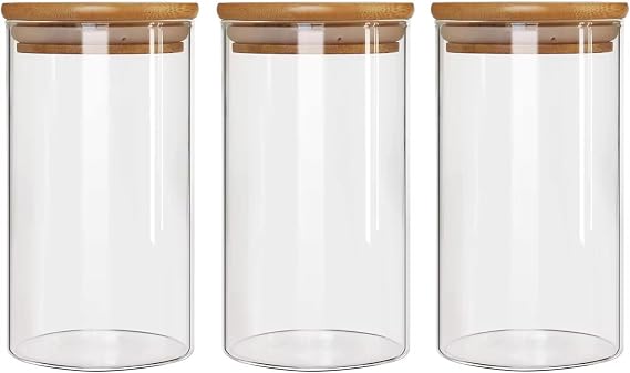 35.2oz Glass Pasta Storage Jars With Lids, Airtight Pasta storage containers with Bamboo Lids, Clear Glass Jar Kitchen Food Containers, for Oats Nuts Flour Sugar Coffee Tea Candy set of 3 ( 1000ml )