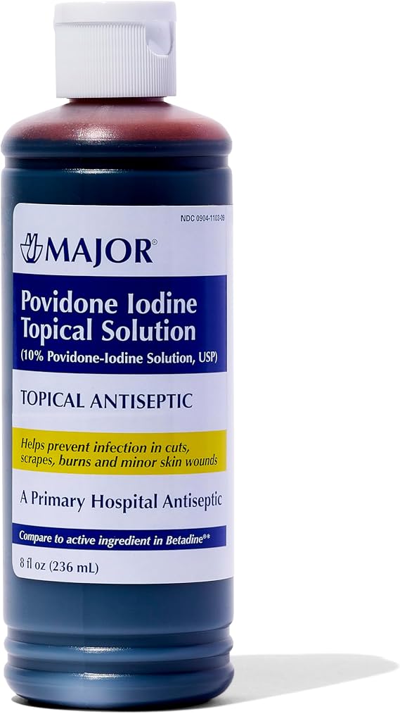 Major 10% Povidone-Iodine Liquid Topical Solution, USP - Topical Antiseptic for Cuts, Scrapes, Burns, and Minor Skin Wounds - 8 Fl. Oz. - 1 Pack