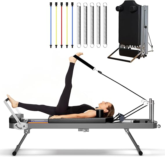 Pilates Reformer Machine, Foldable, Adjustable Pilates Machine with 5 Springs, Total Body Workout Equipment, Suitable for Home use and Gym Workouts
