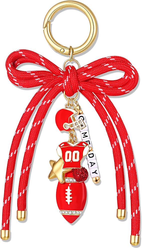 Football Bag Charms Keychain Nylon Rope Bow Game Day Purse Charms Football Mom Essentials Cheer Mom Bag Accessories