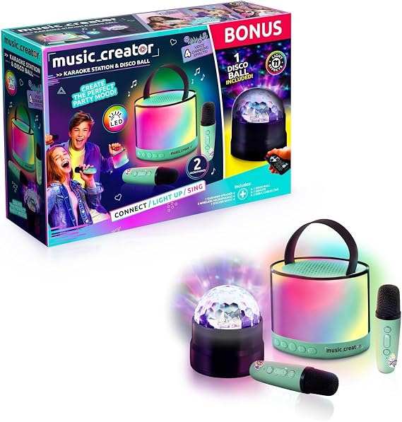 Music Creator Karaoke Station with Disco Ball – Portable Wireless Speaker with 2 Wireless Microphones, 11 LED Light Effects & 4 Voice Changing Effects | Kids Karaoke Machine & Party Speaker