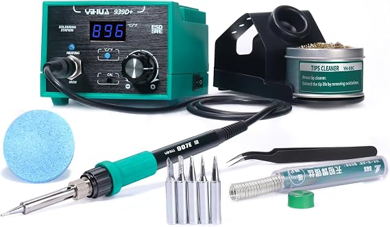 YIHUA 939D+ Digital Soldering Station, 75W Equivalent with Precision Heat Control (392F to 896F) and Built-in Transformer. ESD Safe, Lead Free with C/F display (Green)