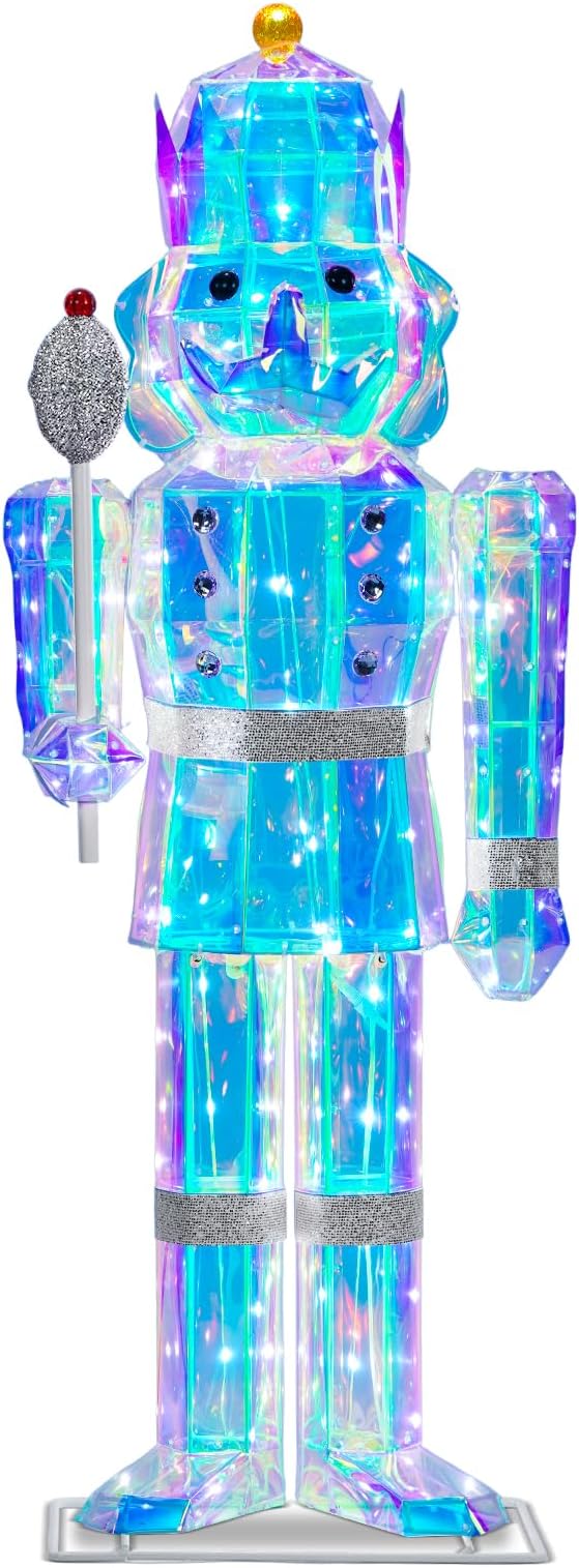 4FT Large Light-Up Giant Nutcracker Christmas Decor, Prismatic Iridescent Nutcracker Outdoor Soldier with 110 LED Pre-lit Lights, Plug-in Outdoor Nutcracker Decorations for Yard, Porch, Garden