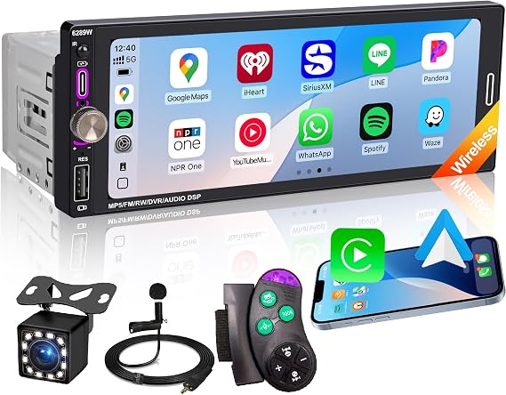 6.9" Single DIN Car Radio with Wireless Apple CarPlay & Android Auto