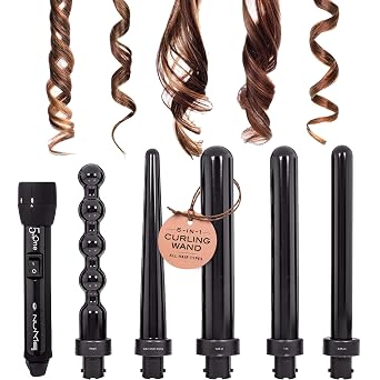 NuMe Lustrum 5 in 1 Tourmaline Ceramic Curling Wand Set with Interchangeable Barrels, Digital Display, Automatic Shutoff Feature. Heat Up to 410F