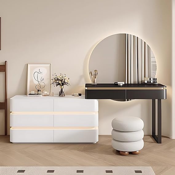 Vanity Set - Modern Makeup Vanity with Large Smart LED Lights Mirror and Inductive Ambient Light, Solid Wood Dressing Table Include Makeup Chair, 8 Drawers for Bedroom (White & Black,39.37'')