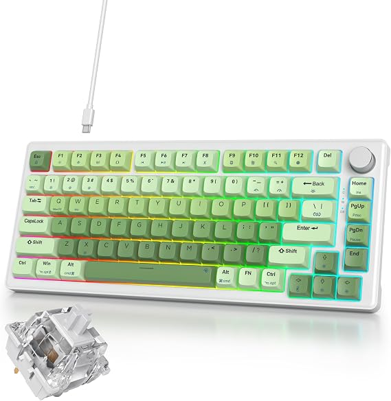 Green Mechanical Keyboard | Keyboard Gaming | Volume Knob | Gaming Keyboard 75% Custom | Gasket Mount Construction | RGB Backlight | Software Compatible | XDA Profile PBT Keycap, 5-Layer Pad and Creamy Linear Switch, Compact 82 Keys Matcha Green/White Switch