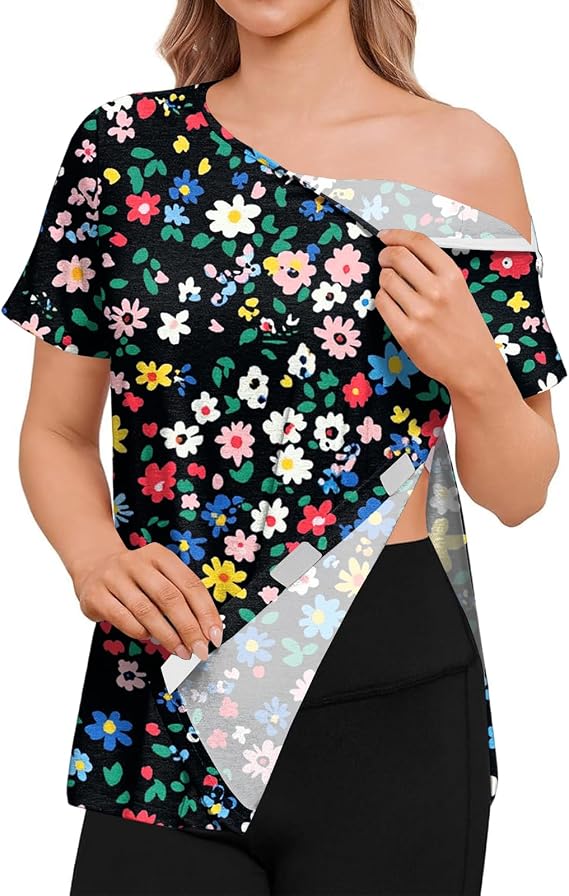 Post Surgery Shirt for Women Tear Away Short Sleeve Shirts 2 Shoulder Half Zippers Shirts Port Adaptive Clothing