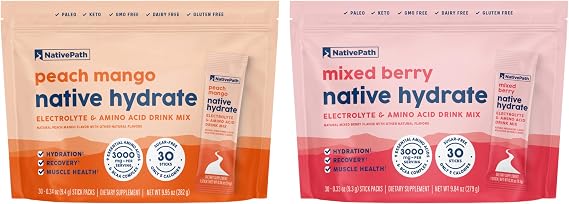 NativePath Hydrate Stick Pack Peach Mango & Mixed Berry Bundle Zero Sugar Electrolytes with BCAAs