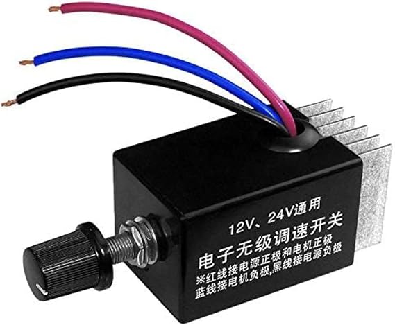 Motor Speed Controller, PWM, DC Variable Speed Fan 12V 24V 10A, 1-Pack | Built-in heatsink for reliable cooling. Color-coded wires for easy install. Great for fans, blowers, heaters & small motors.