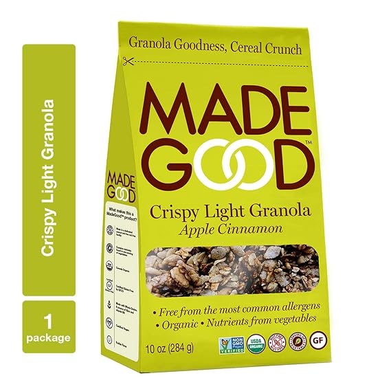 MadeGood Apple Cinnamon Crispy Light Granola (10 oz.); Contains Nutrients of One Serving of Vegetables; Gluten-Free Oats, Sweet Apples, Spicy Cinnamon; Organic, Nut-Free, Allergen-Free Granola Cereal