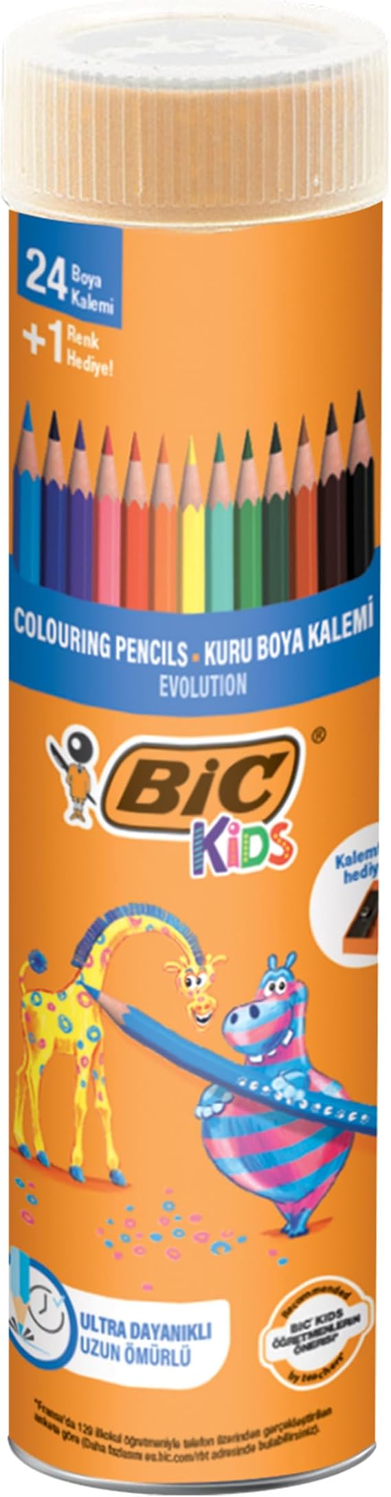 BIC Kids Evolution Kuru Boya Kalemi 25'li Metal Tüp , Kıymık Oluşturmaz, Çiğnemeye Karşı Dayanıklı, Kolay Açılır
