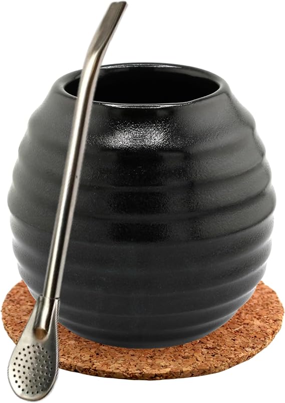 Mate Green Yerba Mate Tea Set - Ceramic Mate Mug Black 400 ml - Stainless Steel Drinking Straw Bombilla 19 cm - Handmade Ceramic Calabash - Mate Tea Ceramic Cup - Cork Pad