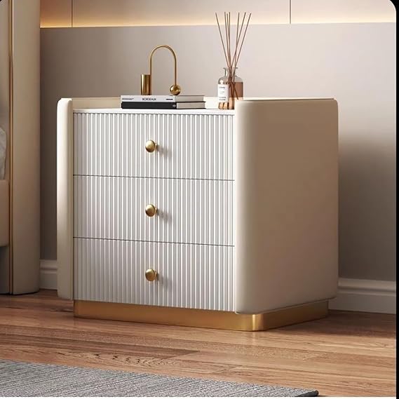 Luxury 3-Drawer Bedside Cabinet,Modern Minimalist Nightstand with Elevated Stone Top & Solid Wood Frame,Faux Leather Bedside Table for Bedroom Living Room,Beige,Khaki1,50x40x52cm(20x16x20inc