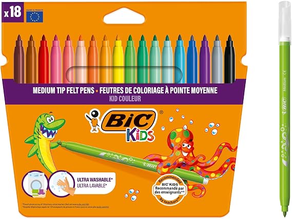 BIC Kids Colouring Pens for Kids - Medium Tip Felt Pens Great for Kids Colouring Books - Assorted Colours Pack of 18