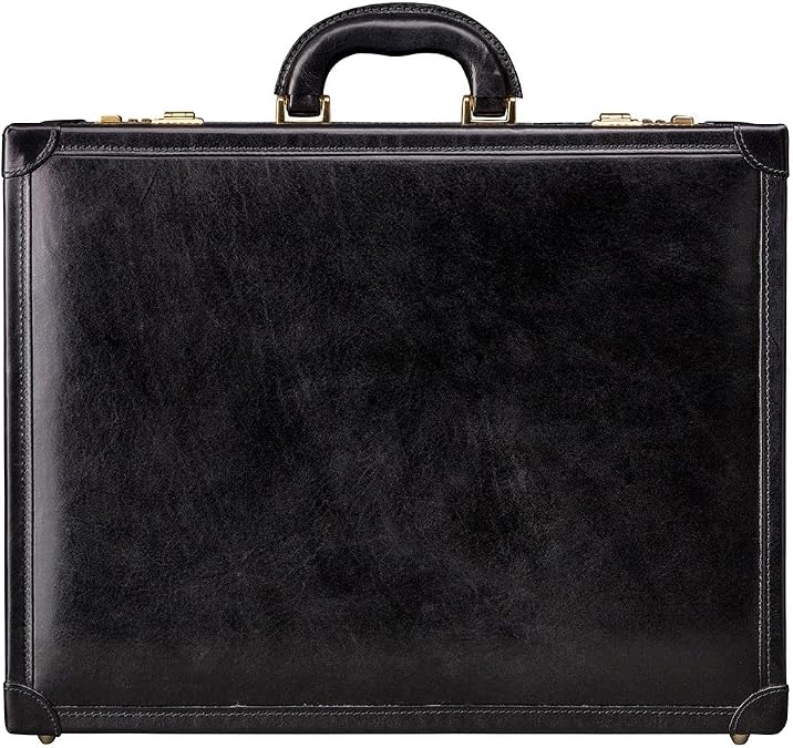 Maxwell Scott - Luxury Leather Large Square Box Attache Briefcase with Combination - Handmade in Italy - The Buroni
