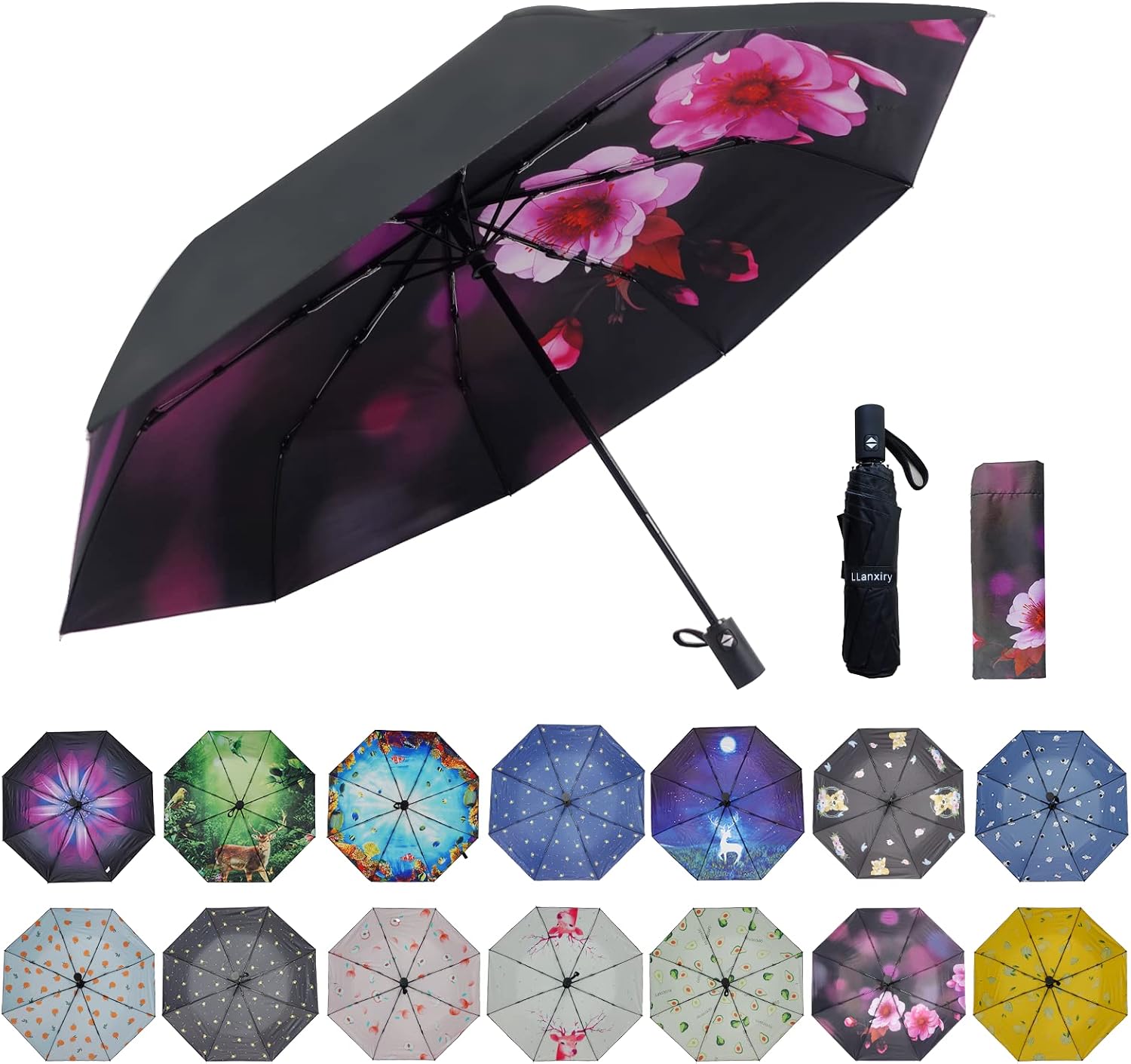 LLanxiry Compact Travel Umbrella,Windproof Waterproof Stick Umbrella Protection Golf Umbrellas