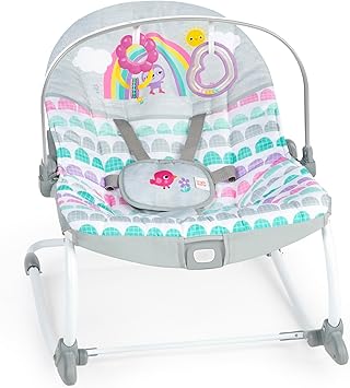 Bright Starts Rosy Rainbow Infant to Toddler Rocker with Vibrations, Baby Seat for Girl or Boy, Newborn +