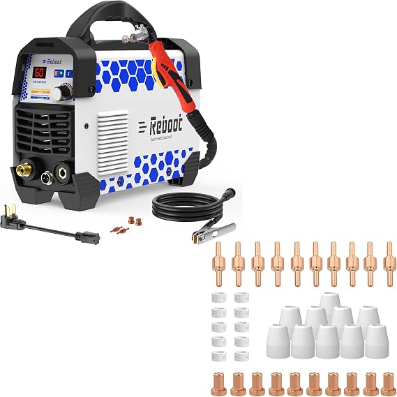 Reboot 60A Plasma Cutter Dual Voltage 120V/240V with 40pcs Consumables fits CUT40 CUT50 Extended Long Tips Electrodes