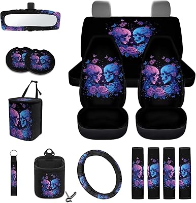 Skull Car Seat Cover Split Covers Rose Butterfly Print Auto Seat Belt Cover Non Slip Steering Wheel Cover Keychain Trash Bin Bag Universal Fit for Cars SUVs Sedans, Black
