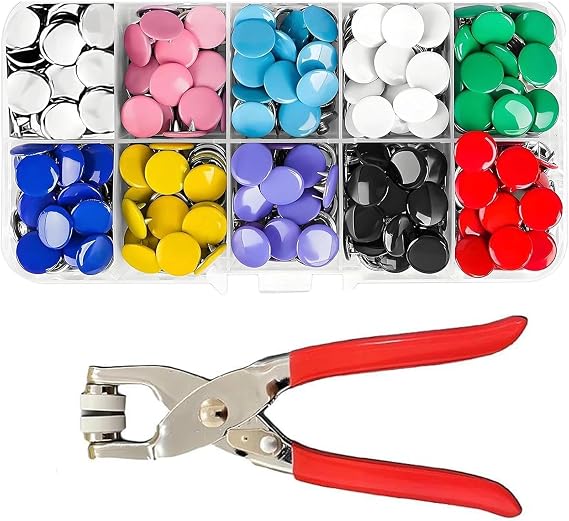 100 Sets Solid Color Snap Fasteners Kit with Metal Pliers and Storage Box, 9.5mm Press Studs Poppers No Sew Buttons for DIY Crafts Clothing Bags Repair
