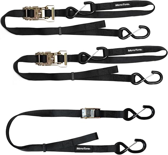 MotoTote Premium Ratchet Straps Tie Down Kit for Motorcycles (3,400 lbs. Break Strength) Includes 2 Heavy Duty Ratchet Tie Downs with Integrated Soft Loops & 1 Cam Buckle Rear Tire Strap