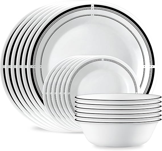 Corelle 18-Piece Round Dinnerware Set Service for 6, Lightweight Round Plates and Bowls Set, Vitrelle Triple Layer Glass, Chip and Scratch Resistant, Microwave and Dishwasher Safe, Brasserie