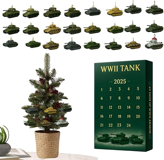 Christmas Tank Advent Calendars 2026, 24 Days Realistic Tank Ornament Countdown Calendar, 2D Acrylic Tanks Ornaments, For Tree Decor