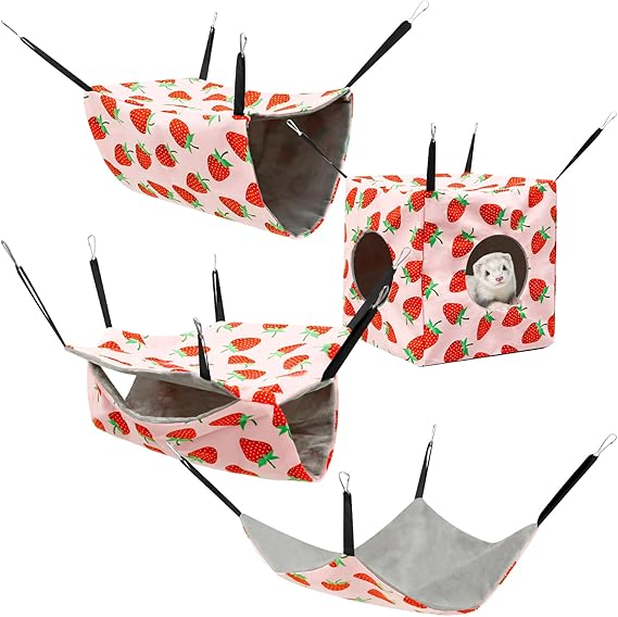 4Pcs Hamster Hammock Set Rat Hanging Bed House Washable Guinea Pig Hideout Bed Soft Ferret Hanging Nest for Chinchilla Sugar Glider Squirrel(Pink Strawberry)