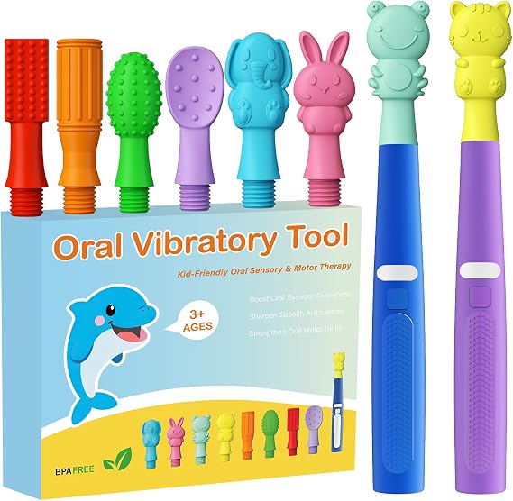 Oral Motor Vibration Tool Oral Sensory Stimulation Kit with 8 Textured Silicone Heads, 2 Massager, 3 Vibration Modes for Autism, Speech Therapy, Self Feeding Stimulation & Calm Sensory Needs