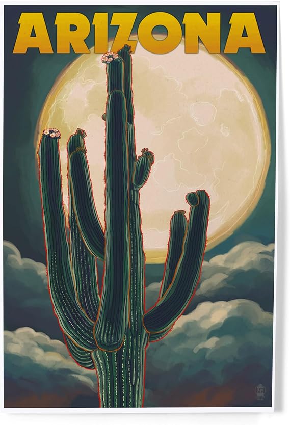 Lantern Press 8x12 Art Print, Arizona Cactus  Moon