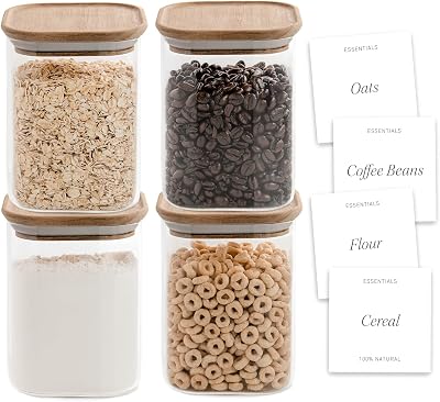 Bloom & Breeze Airtight Pasta Containers for Pantry, Spaghetti & Cereal Storage, Rice Dispenser, Square Glass Storage with Acacia Lids, Pack of 4, 32oz