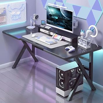 Gaming Desk Computer Table Office Desk Ergonomic Computer Game Table with X-Shaped Steel Legs, Sturdy PC Workstation Desk for Home Office with Cable Holes (Black)