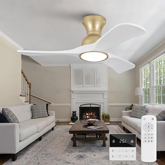 White Gold Ceiling Fans with Lights Flush Mount,36 inch Solid Wood,Remote Control,Wall Switch,Dimmable,Reversible,Power Off Memory Modern Ceiling Fan for Bedroom Patio Indoor/Outdoor Use