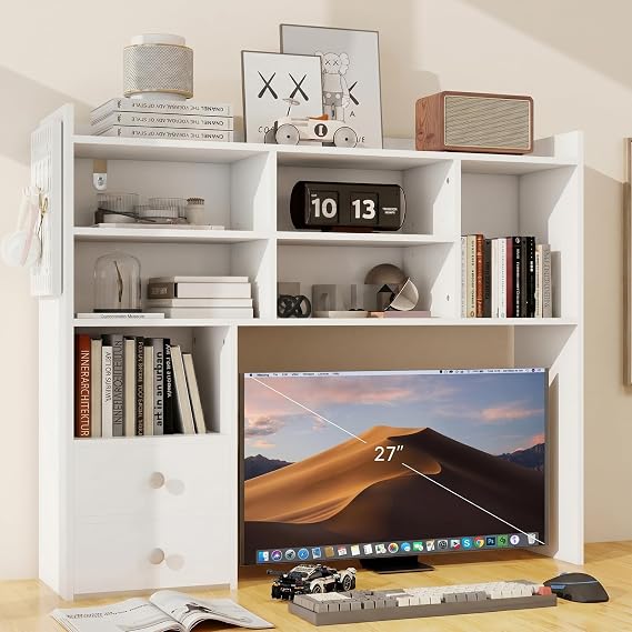 Desktop Bookshelf, Desk Shelf for Computer Desk, 36, 7 Tier | 2 Drawers, Adjustable Shelf, Desktop Hutch Organizer, Wood Display Rack, Countertop Storage, Home Office, College Dorm, White