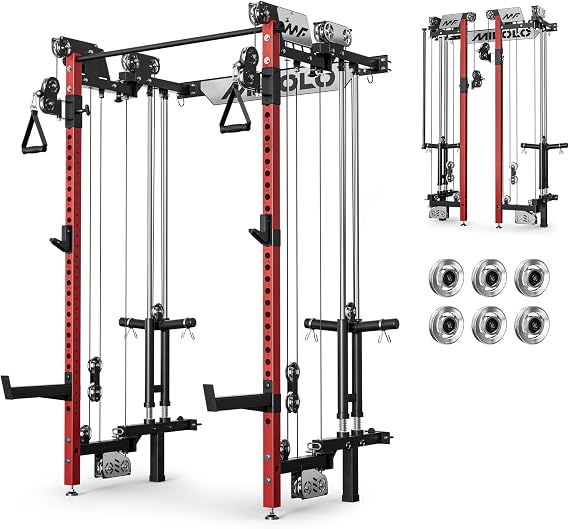 Mikolo Folding Squat Rack, Wall Mounted Power Rack with Cable Crossover Machine & LAT Pull Down, Functional Trainer with 5 Adjustable Function Modes, Home Gym Package