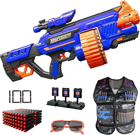 Automatic Machine Dart Gun for Kids Age 8-12, 30 Rotating Drum, Vest, Blue