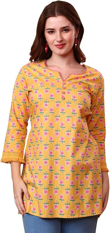 Tissu Women's Cotton Slub Yellow Floral Printed Lace Work Tunic Kurti
