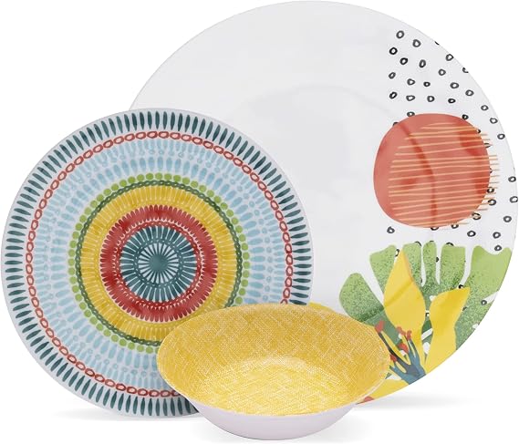 Safdie & Co. - Bright Floral Melamine Plate and Bowl Set, Modern Dinnerware Set, Kitchen Dinnerware Set, Indoor and Outdoor Plates, 12 Piece Kitchen Plates and Bowl Set, Dishwasher Safe