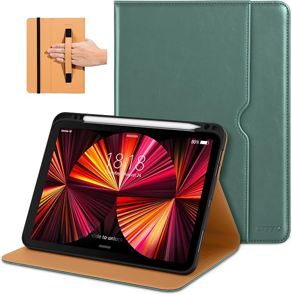 DTTO Case for iPad Pro 11 Inch 4th / 3rd / 2nd / 1st Generation 2022/2021/2020/2018,Premium PU Leather Folio Stand Cover with Hand Strap, Auto Wake/Sleep,Multiple Viewing Angles, Pine Green