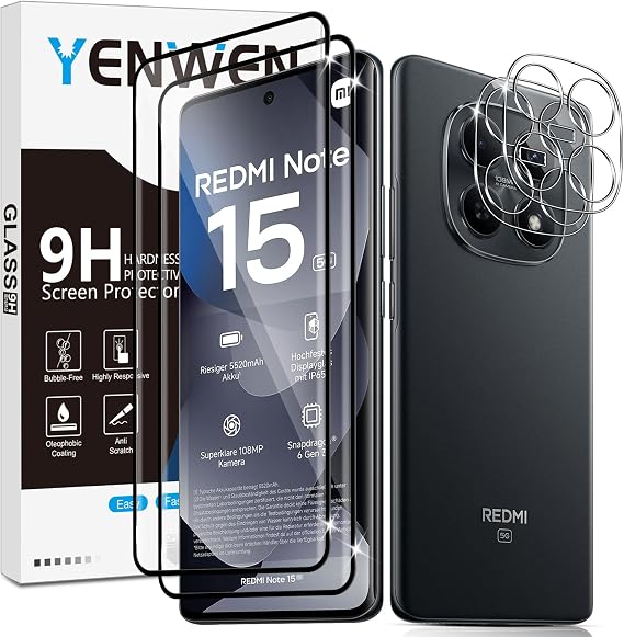 Screen Protector for Xiaomi Redmi Note 15 5G / POCO M8 5G, 2 Pack of Tempered Glass with 2 Camera Protection, 9H Hardness Protective Glass Mobile Phone Film HD Clear