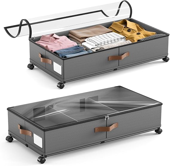 2 Pack 48L Under Bed Storage on Wheels, Metal Frame 78×42×17cm | Underbed Storage Box with Lid, Zips and Removable Divider, Under-bed Organizer Drawer Bin for Clothes Shoes Toys Blankets